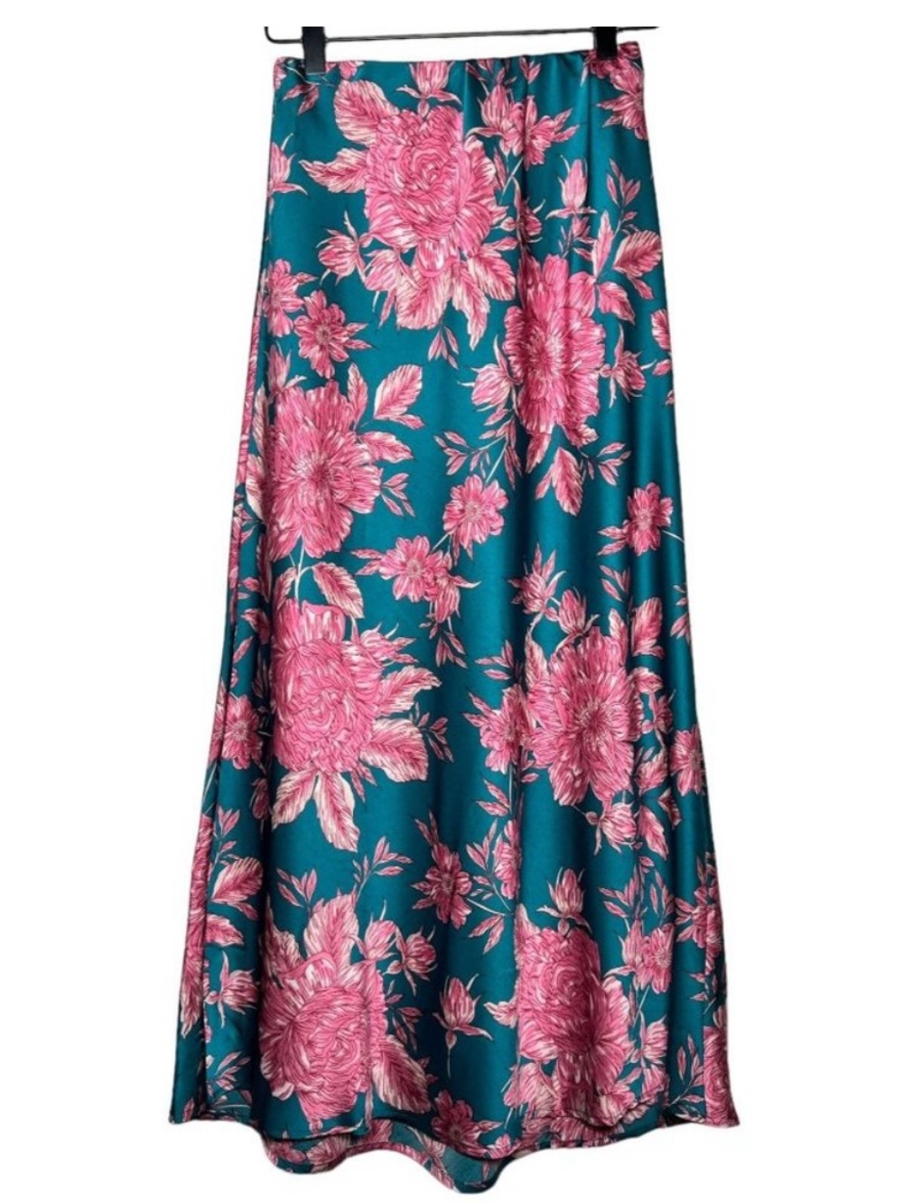 Abel the Label Anthropologie Bonnie Floral Satin midi Skirt Green Pink L